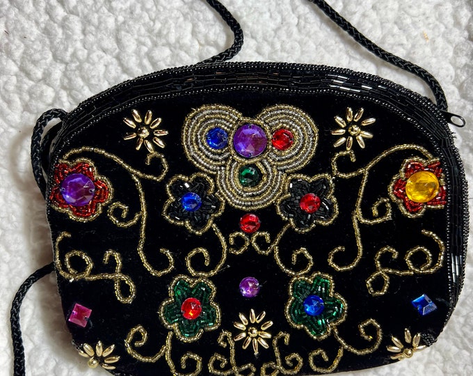 Colorful Handbag,  Rhinestones Black Velvet Beaded Purse, Evening Cocktail Bag