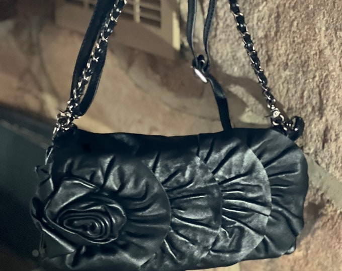 Black Flower Leather Handbag, Shoulder Chain Purse