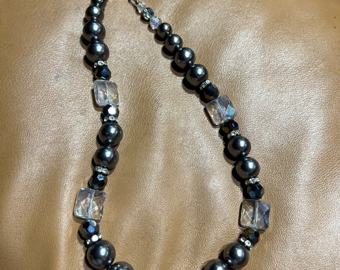 Gray Beaded Necklace, Iridescent Costume Jewelry, Sparkle Rhinestones