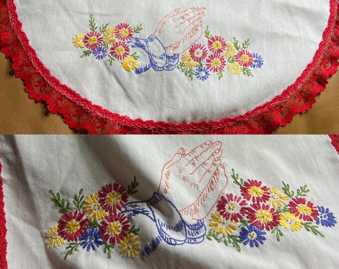 Praying Hands Doilies, Embroidered Vintage Lace Vanity Covers