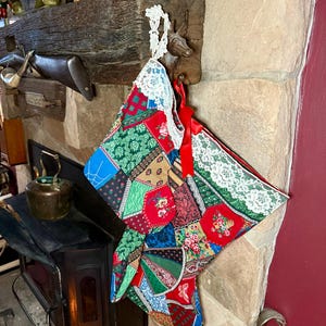Christmas Stockings Country Farmhouse Victorian Patchwork Lace Pair Large And Small Handmade