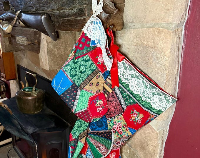 Christmas Stockings Country Farmhouse Victorian Patchwork Lace Pair Large And Small Handmade