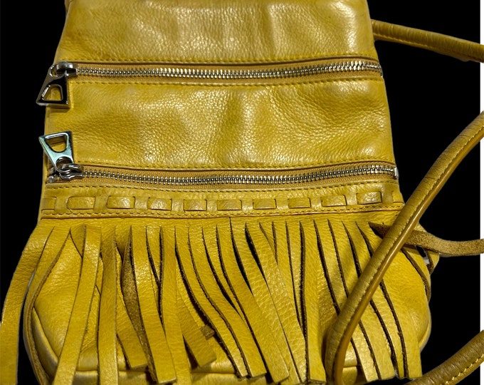 Yellow Leather Boho Handbag, Crossbody Fringe B Makosky Purse, Leopard Print Lining