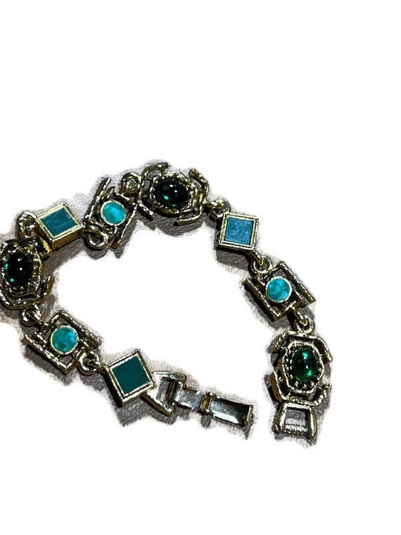 Midcentury costume green & gold jewelry set/ Necklac… Gem