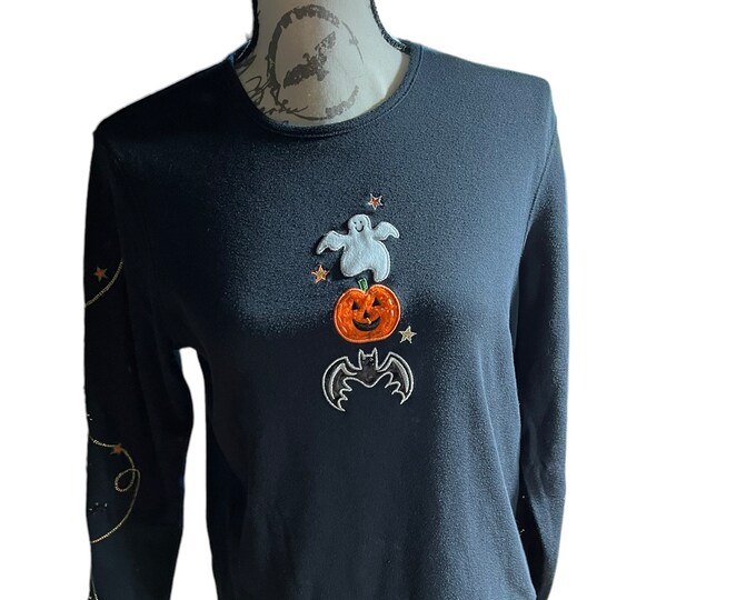 Halloween Shirt, Black October Embellished Holiday Top, Ghost Pumpkin Bat