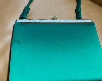 Green Satin Vintage Handbag, Formal Evening Purse, Cocktail Bag