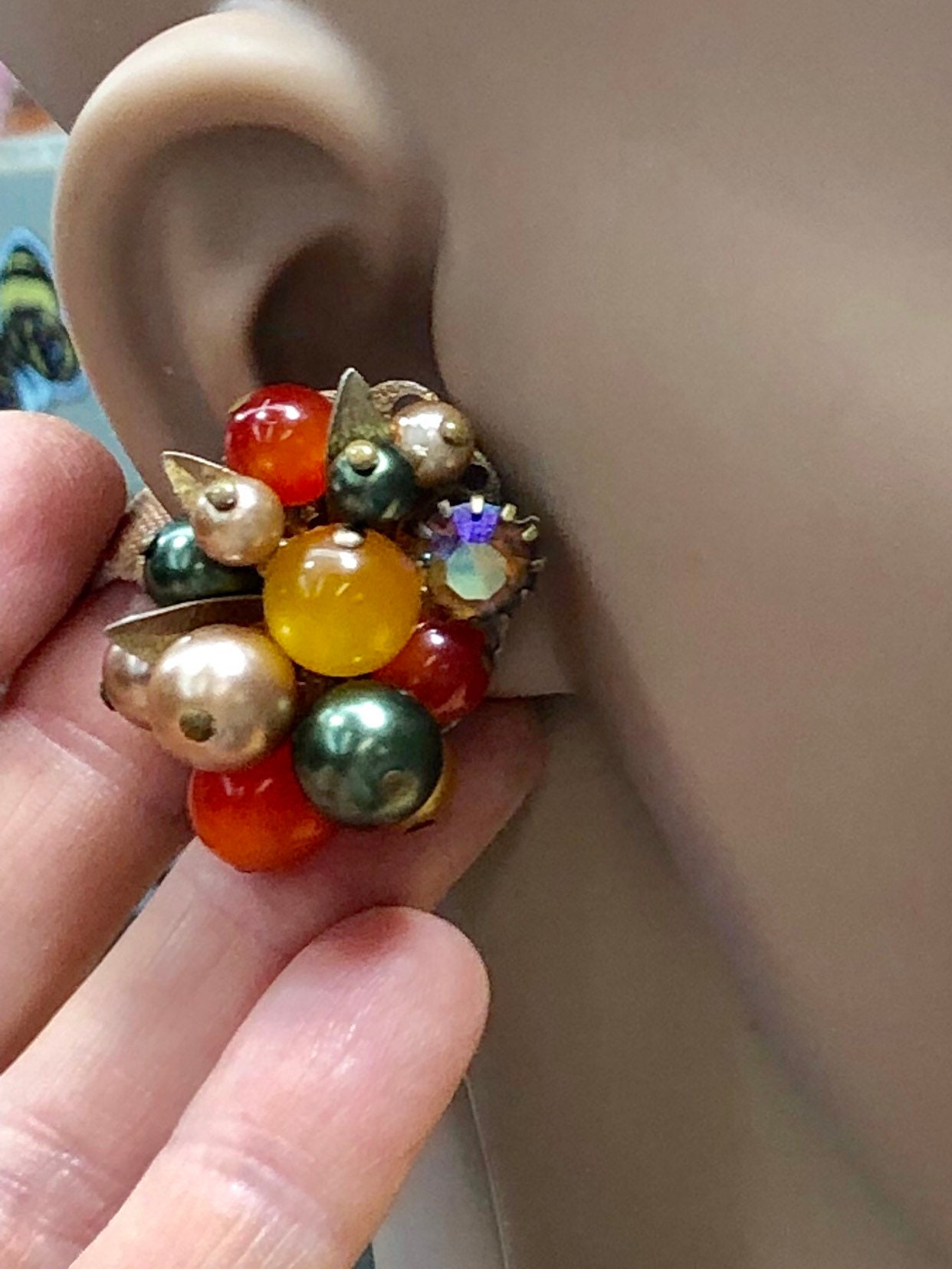 Mid Century Earrings, Clip On Costume Jewelry Earrings, Rhinestone Earrings