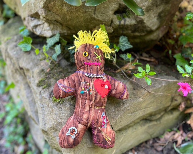 Voodoo Doll Halloween Decoration, Blonde Hair Doll,  Fabric Art Caribbean Poppet, Collectible Display