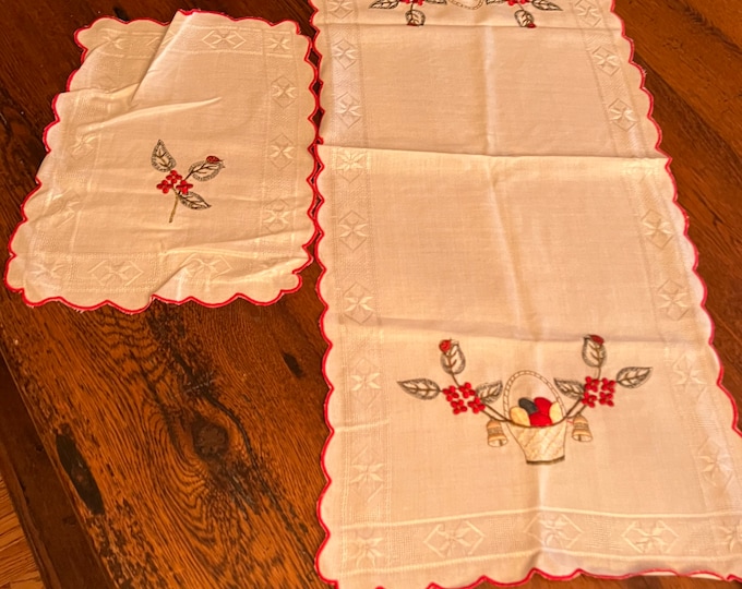 Holiday Table Decorations, Red Embroidered Table Runner and Matching Doily