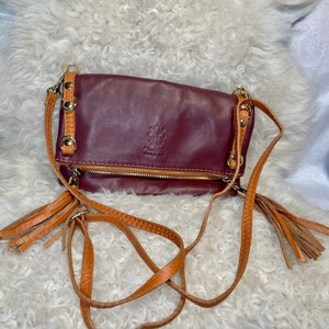 Leather Crossbody Bag, Italian Made handbag, maroon purse with tassels