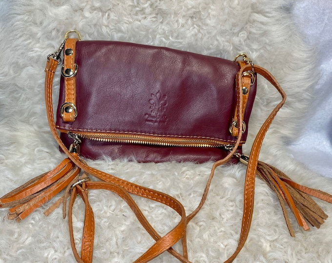 Leather Crossbody Bag, Italian Made handbag, maroon purse with tassels