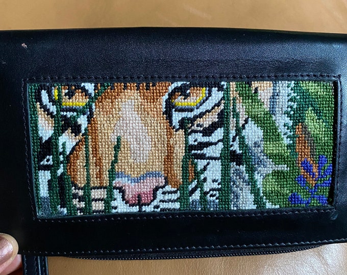 Tiger Black Leather Wallet, hand stitched clutch purse