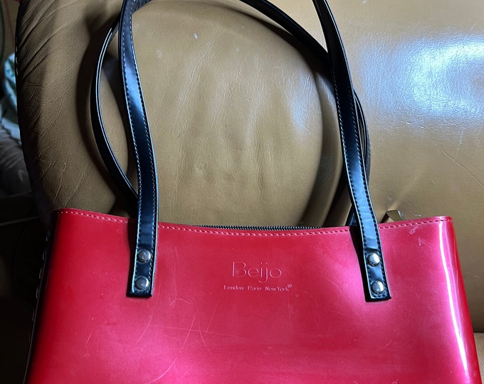 Red Holiday Handbag, Shiny Top Handled Bag, Red and Black