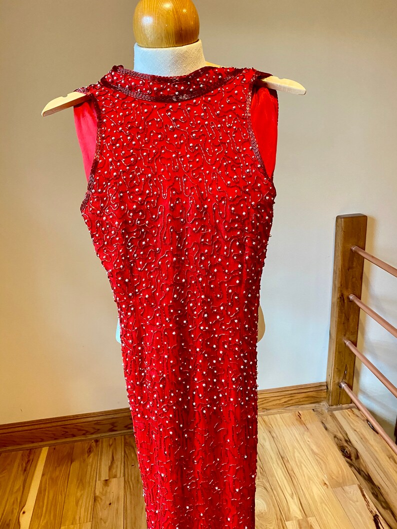 Red formal party dress beaded long Christmas Dress retro fashion