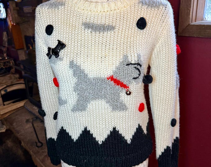 Scottie Dog Sweater Hand Knit Pullover Evian II Vintage Matching Celluloid Brooch