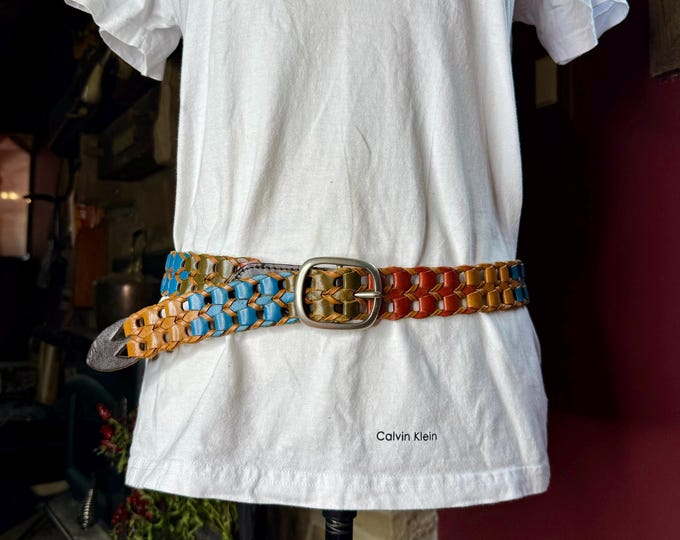 Leather Woven Belt Multicolored, Casual Unisex Everyday Wear Size Medium