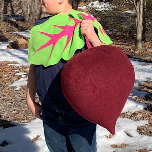 Pode incluir: Uma bolsa em forma de beterraba bordô e uma capa em forma de folha verde e rosa. A bolsa é segurada por uma pessoa em um ambiente florestal com neve. A capa é verde com detalhes de folhas rosa.