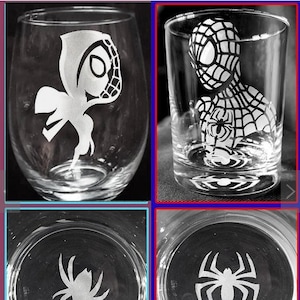 Custom Etched - Spider-Gwen Stemless Wine Glass and Spider-Man 14oz Whiskey Glass