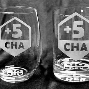 Custom Etched +5 CHA (-10 DEX)  Stemless Wine Glass & Rocks Glass - set of 2!