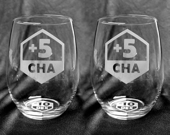 Custom Etched +5 CHA (-10 DEX) Stemless Wine Glasses - set of 12!