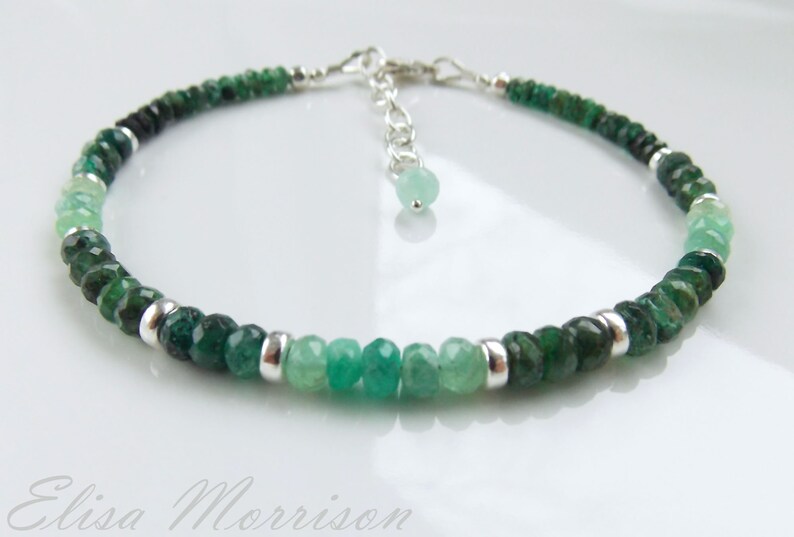 Genuine natural Zambian EMERALD faceted rondelle gem stone sterling silver bracelet