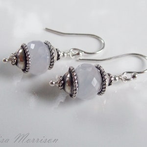 Natural CHALCEDONY faceted gem stone rondelle sterling silver drop earrings blue grey