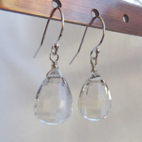 AAA CRYSTAL QUARTZ sterling silver earrings faceted step cut gem stone teardrop briolette