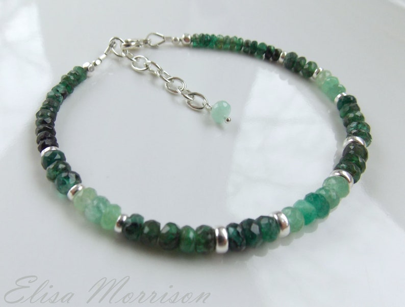 Genuine natural Zambian EMERALD faceted rondelle gem stone sterling silver bracelet