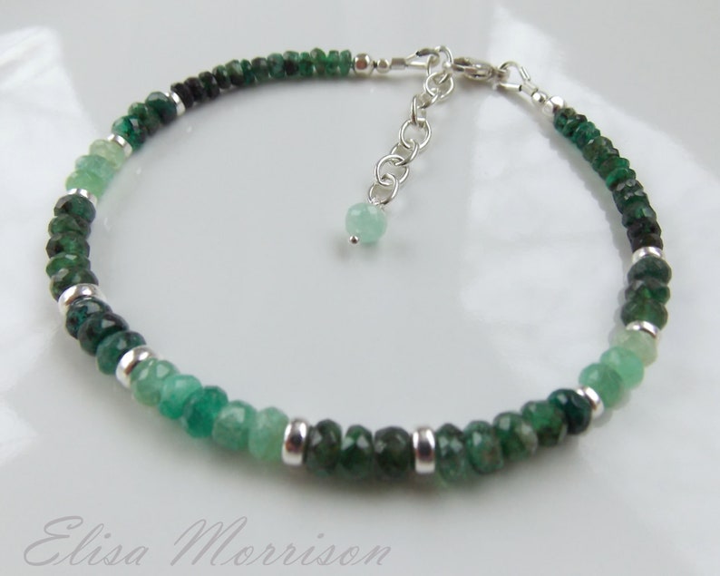 Genuine natural Zambian EMERALD faceted rondelle gem stone sterling silver bracelet