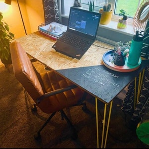 OSB industrial desk with yellow steel hairpin legs and chalk board zone