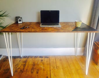 OSB industrial desk with white steel hairpin legs and chalk board zone