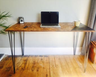 OSB industrial desk with black steel hairpin legs and chalk board zone