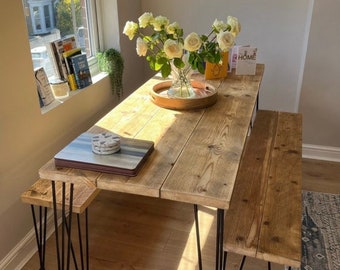 Reclaimed wood dining table and bench with steel hairpin legs