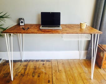OSB industrial desk with white steel hairpin legs and steel mesh pigeon hole