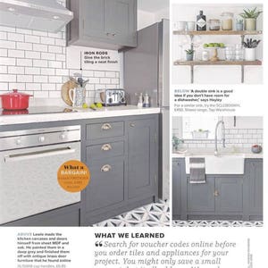 May include: A gray kitchen with white subway tile backsplash, gray cabinets, and a white farmhouse sink. The kitchen features open shelving made from scaffold planks, a double sink, and a brick tiled floor. The text "What a Bargain!" is visible in a red circle.