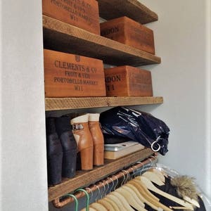 Reclaimed wood shelving scaffold with copper pipe rail image 2