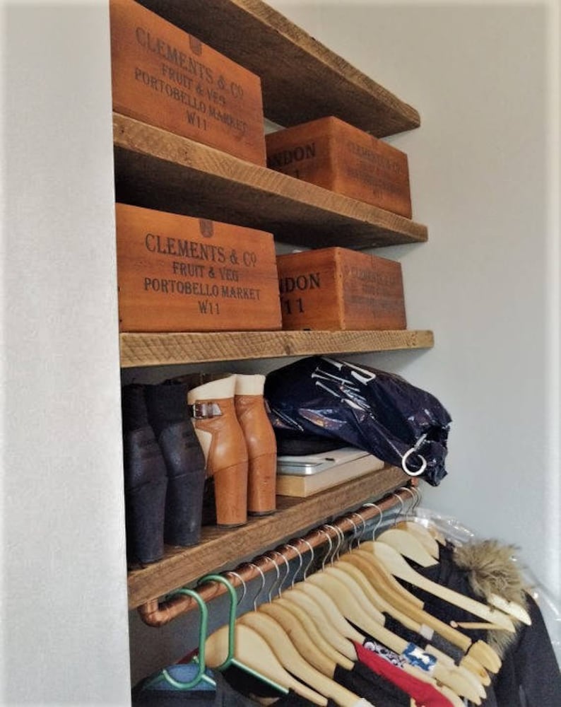 Reclaimed wood shelving scaffold with copper pipe rail image 2