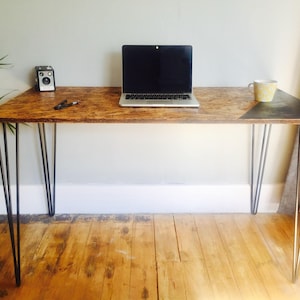 OSB industrial desk with steel hairpin legs and chalk board zone