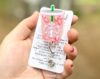 Pink drink badge reel, ID holder, nurse gift, Personalized badge holder