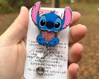 Stitch heart badge reel, ID holder, nurse gift, Personalized badge holder