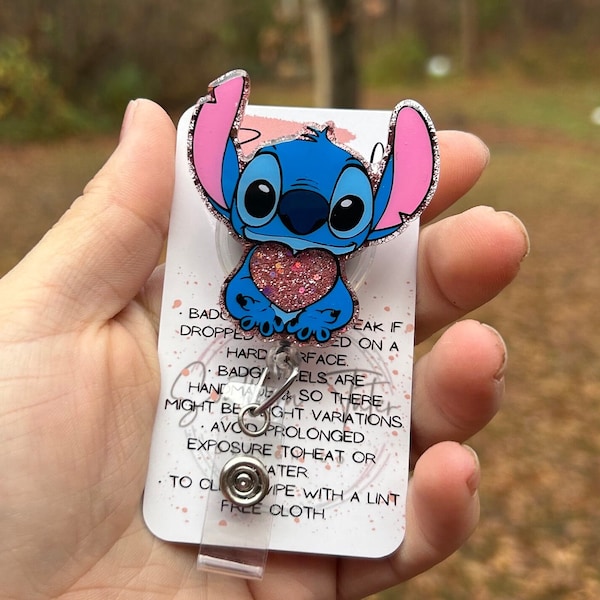 Stitch heart badge reel, ID holder, nurse gift, Personalized badge holder