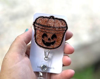 Pumpkin Pail badge reel, ID holder, nurse gift, Personalized badge holder