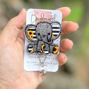 Sunflower elephant badge reel, ID holder, nurse gift, Personalized badge holder