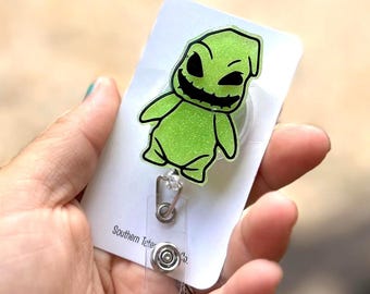 Oogie Boogie badge reel, glows in the dark, ID holder, nurse gift, Personalized badge holder