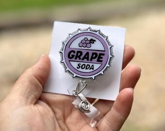 Grape soda cap badge reel, ID holder, nurse gift, Personalized badge holder
