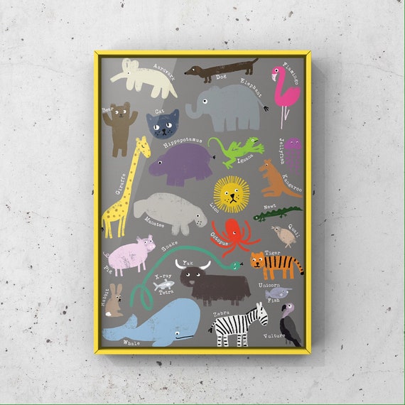 Animal Alphabet Poster - Print - Children's A-Z - Nursery Art - A3 Size - Vintage Style Illustration - Alphabet Poster - Nursery Print