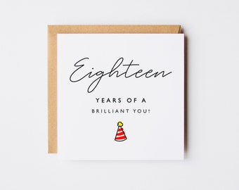 18 Years Of A Brilliant You Birthday Card | 18th Birthday Card | Party Hat Card | Eighteen Birthday Card | 18th Personalised Card