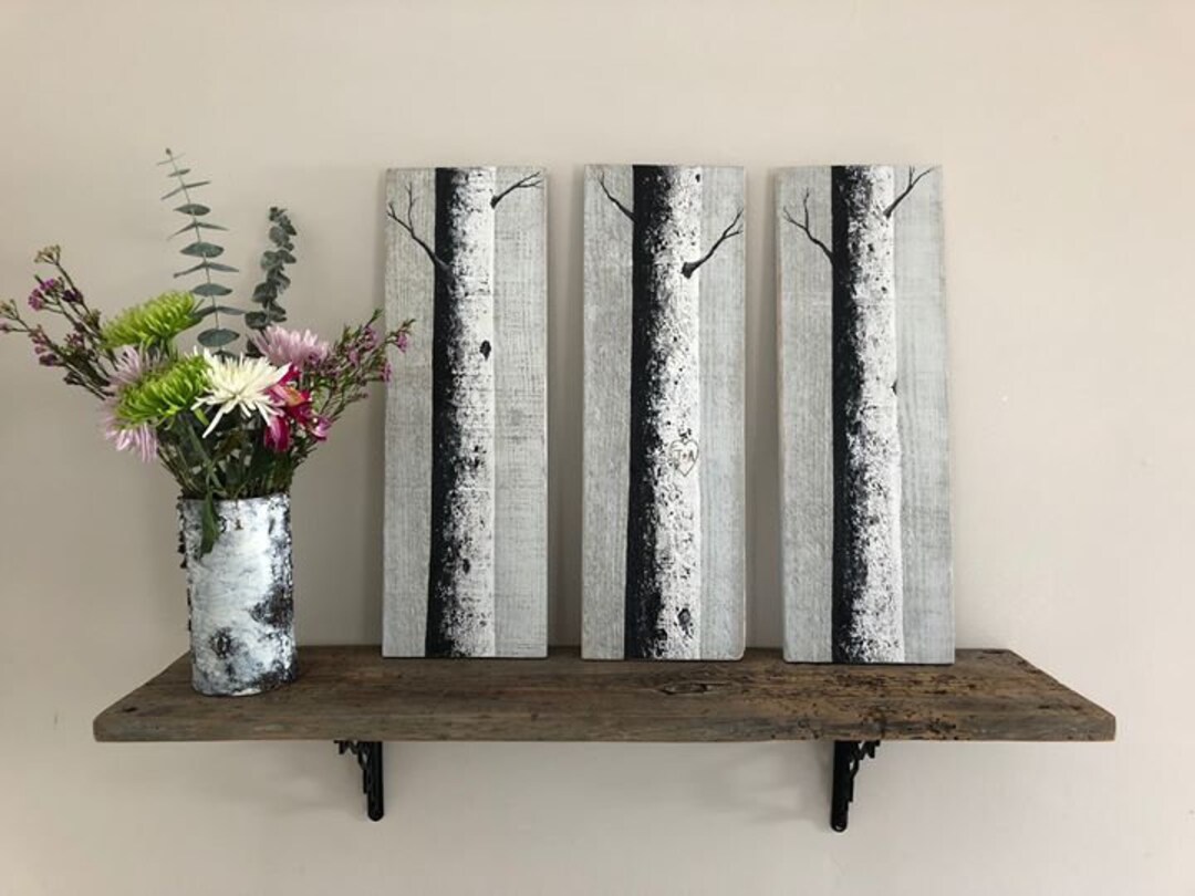 Hand Painted and Personalised Birch Trees on Rustic Barn Wood. - Etsy