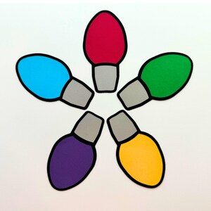May include: Six paper Christmas light bulbs in different colors: red, blue, green, purple, yellow, and gray. The bulbs are arranged in a circle with the gray bulbs at the top and bottom.