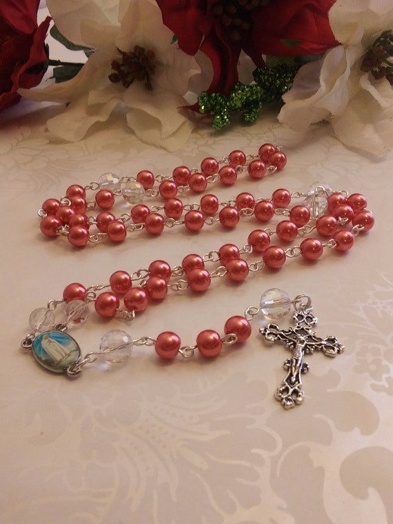 Large pink 8mm long Rosary beads necklace Catholic prayer silver chain gift